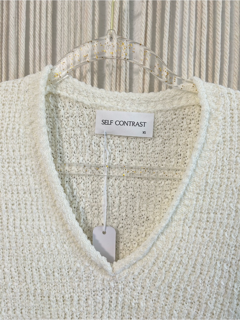Self Contrast Ivory Textured Knit V-Neck Short Sleeve Sweater Top Lightweight XS - Picture 3 of 9